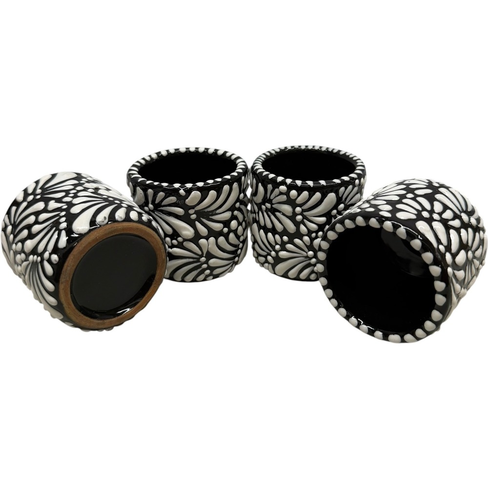 Handmade Talavera Shot Glasses Black White Floral Ceramic Set of 4 Vintage Style